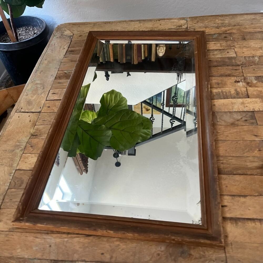 Antique Solid Dark Wood Rectangular Wall Beveled Distressed Mirror 16 x 27.5"